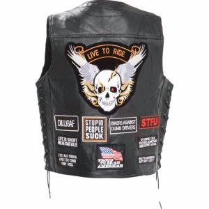 Gilet De Motard En Cuir Homme MDM Avec Tête De Mort - Cuir Véritable Noir