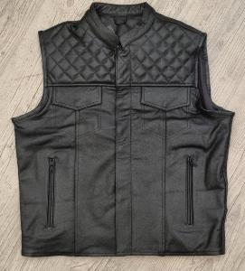 Gilet jacket en Cuir de Vachette véritable - Col Rond Mao coutures Damier