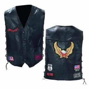 Gilet / jacket en Cuir patchwork  " Aigle / Route 66 " multiples écussons