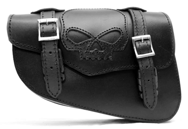 Sacoche trousse latérale en Cuir Noir - Tête de Mort SKULL Pour moto custom