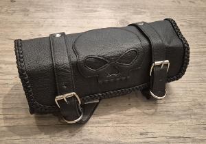 Cuir SOUPLE  Sacoche sac trousse à outils Rool bag de fourche en Cuir Noir ROND Tête de Mort / SKULL