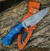 Couteau 25cm manche bleu en acier damassé fait main de 10 pi avec étui en cuir fabrication au Portugal 