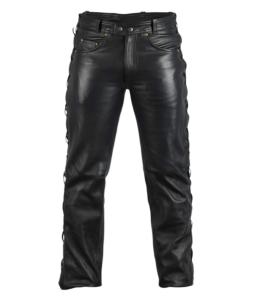 Pantalons en Cuir  véritable avec lacets sur les cotés pour moto , bikers ou autre (sur mesure possible) Couleur Noir 