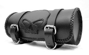 Sacoche à outils Rool bag de fourche en Cuir Noir ROND Tête de Mort / SKULL