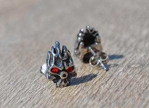 Paire de Boucles d'oreille Skull Flammes / Yeux Strass Rouge En Acier Inoxydable