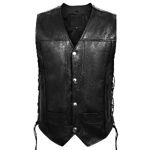 Gilet jacket en Cuir de Vachette véritable Col V avec lacets et poches avec fermetures 